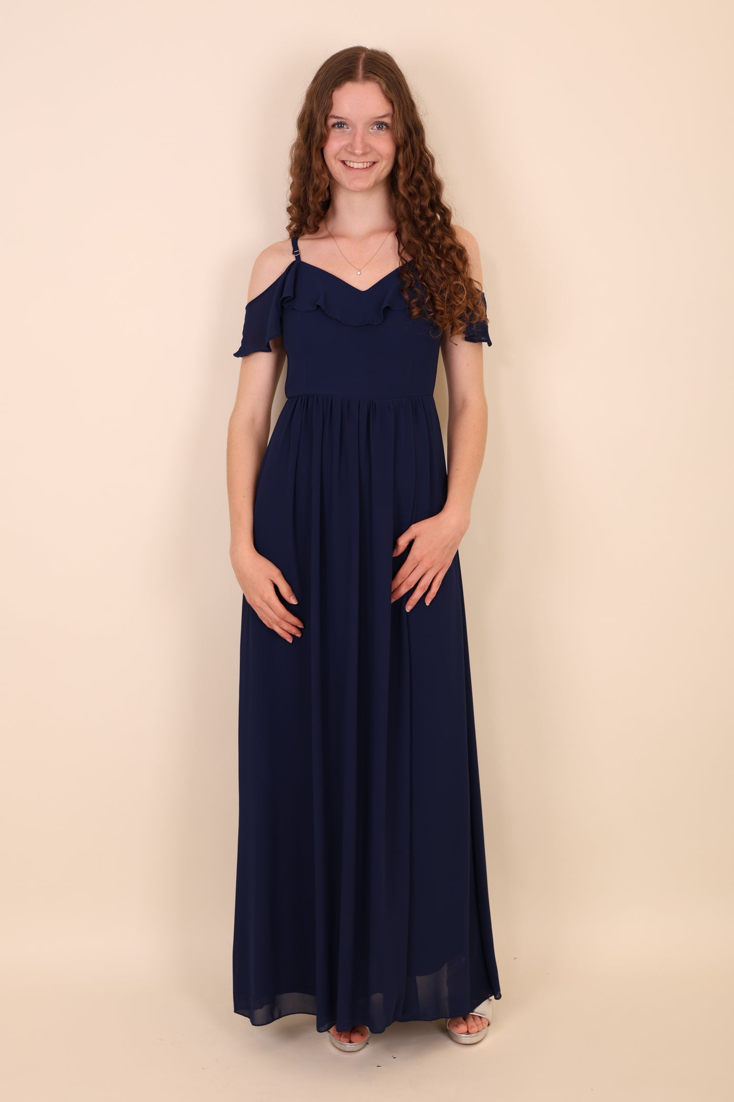 Off-Shoulder Abendkleid mit Beinschlitz, dunkelblau