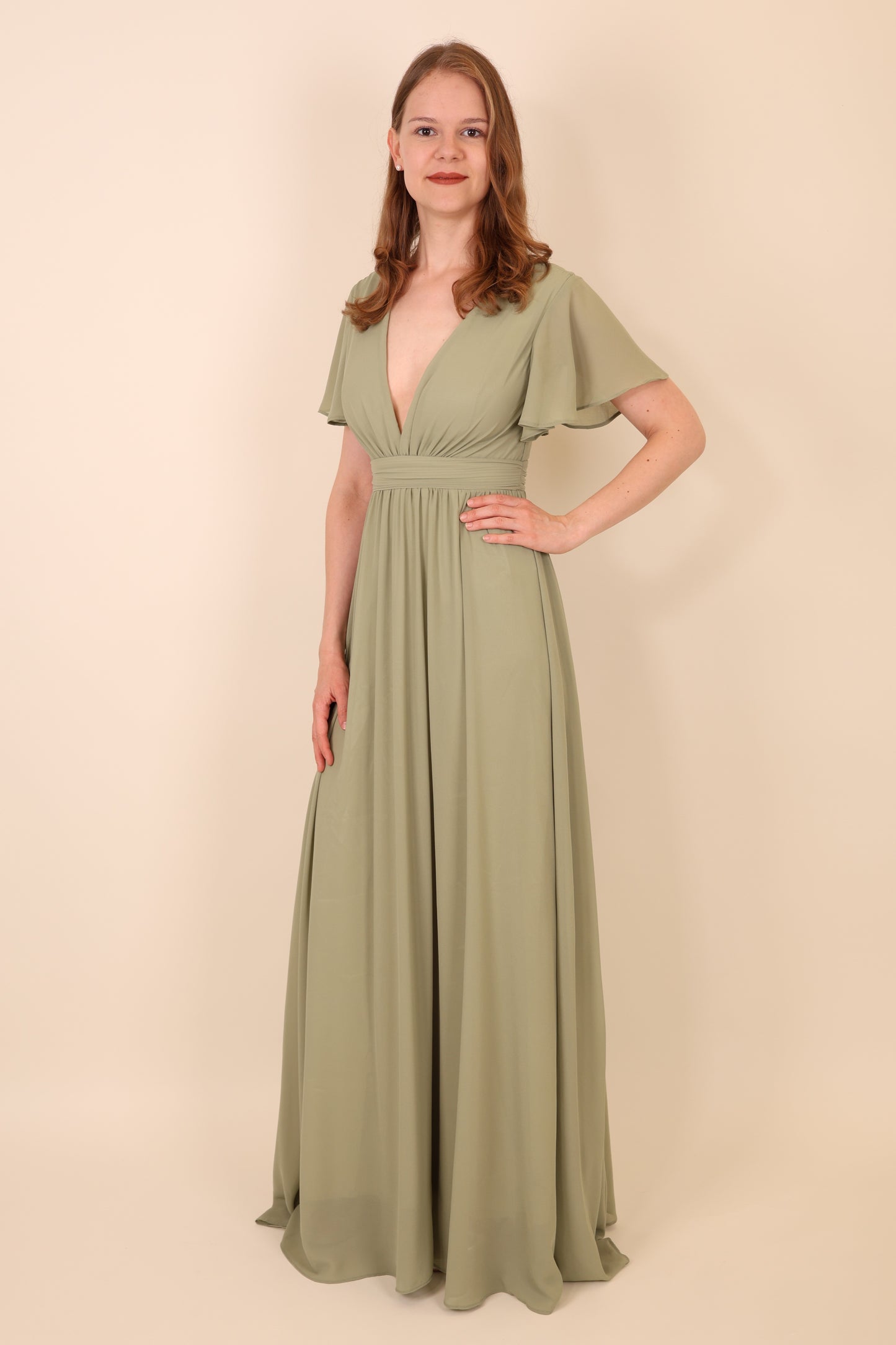 Ballkleid mit kurzen Ärmeln & V-Ausschnitt, oliv