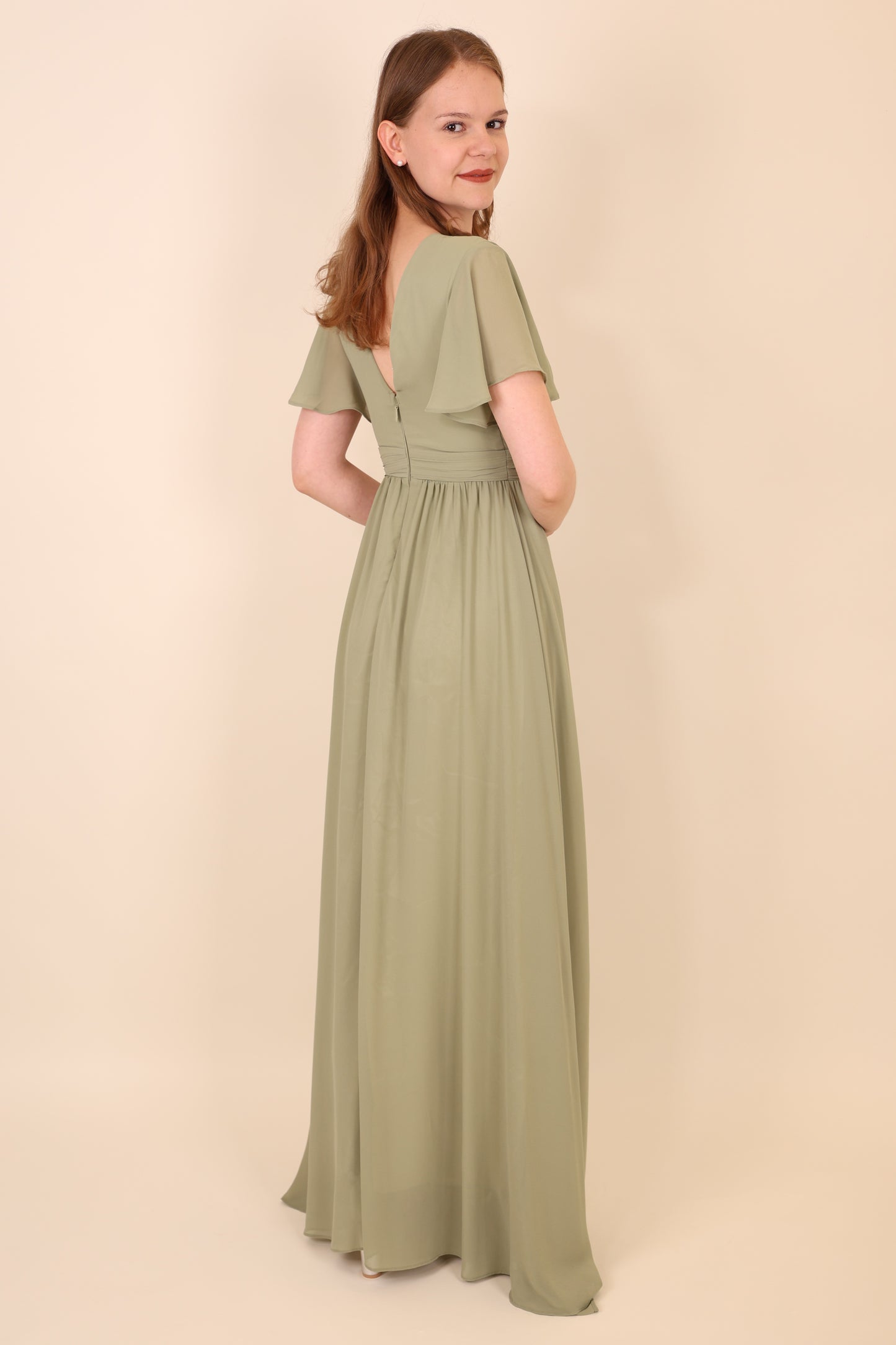 Ballkleid mit kurzen Ärmeln & V-Ausschnitt, oliv