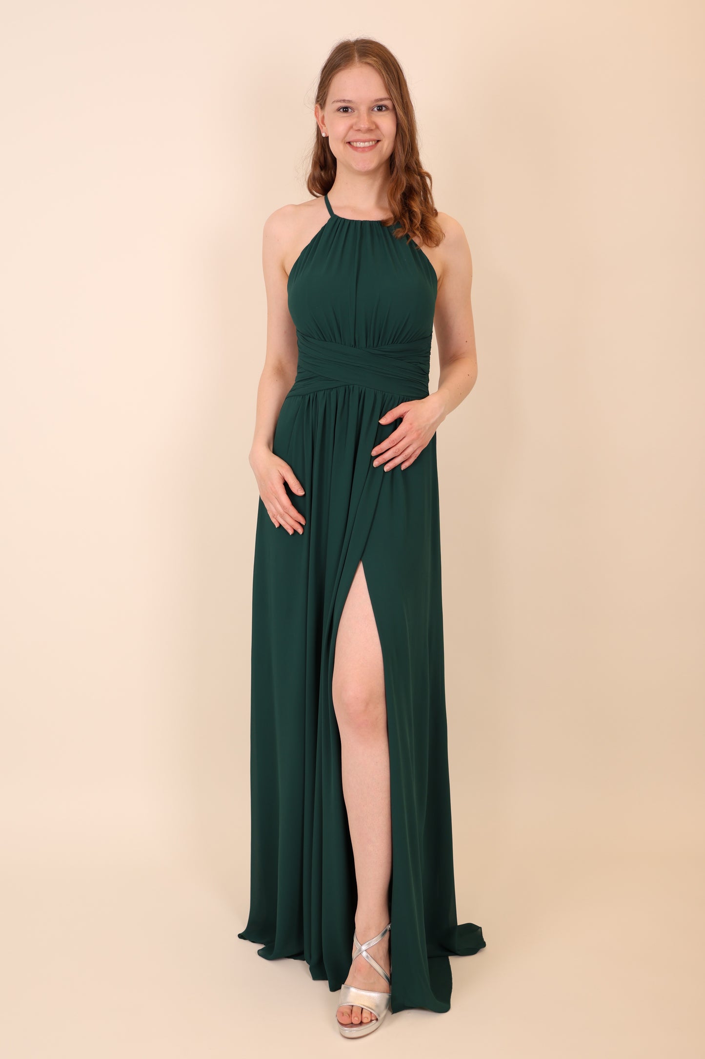 Abendkleid mit Schlitz & amerikanischem Ausschnitt, dunkelgrün