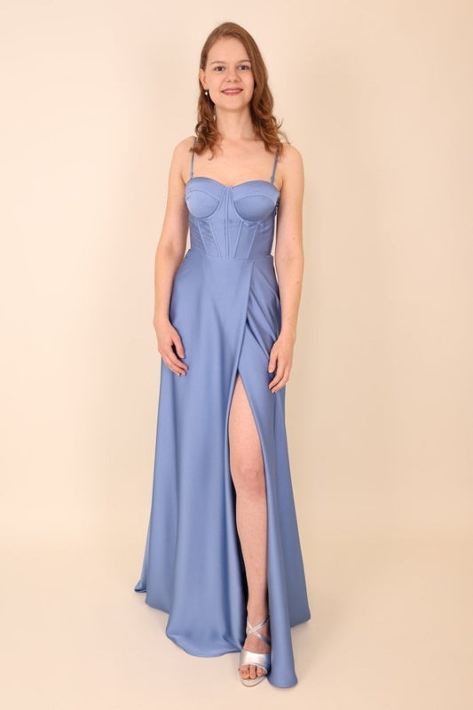 Ballkleid aus Satin mit Corsage & Schnürung, hellblau - Dein Kleiderladen