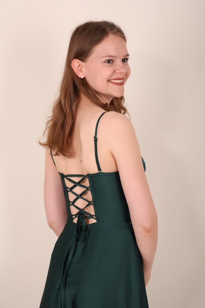 Ballkleid aus Satin mit Corsage & Schnürung, dunkelgrün - Dein Kleiderladen