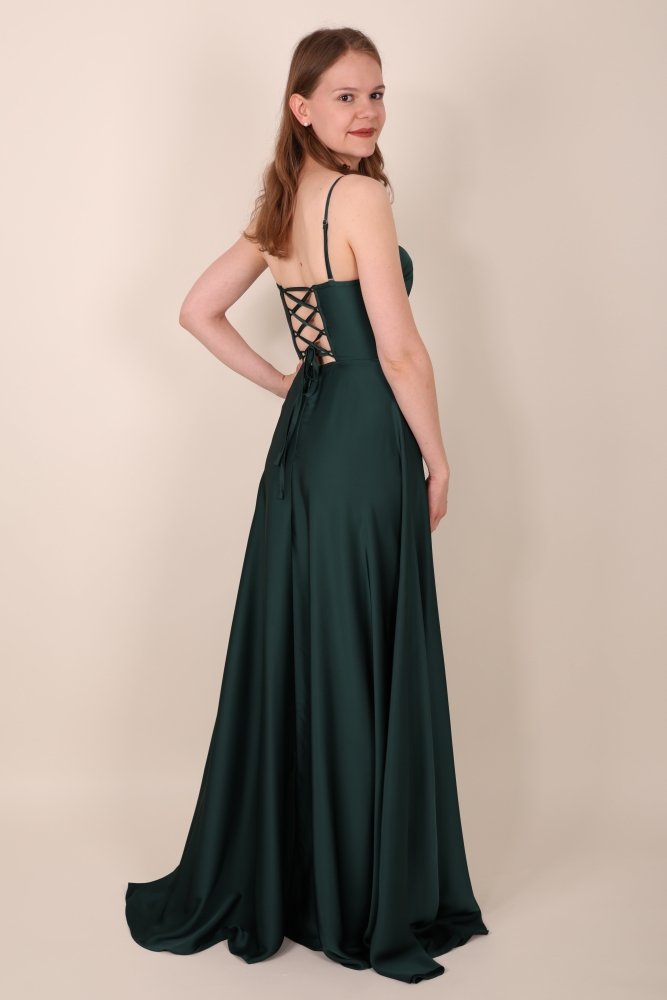 Ballkleid aus Satin mit Corsage & Schnürung, dunkelgrün - Dein Kleiderladen
