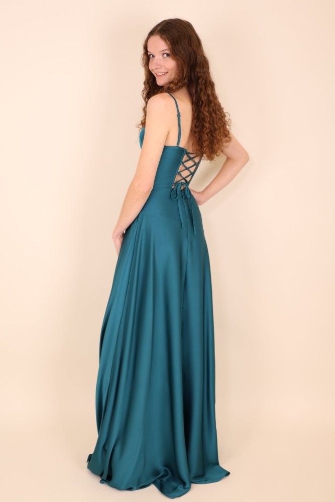 Ballkleid aus Satin mit Corsage & Schnürung, petrol - Dein Kleiderladen