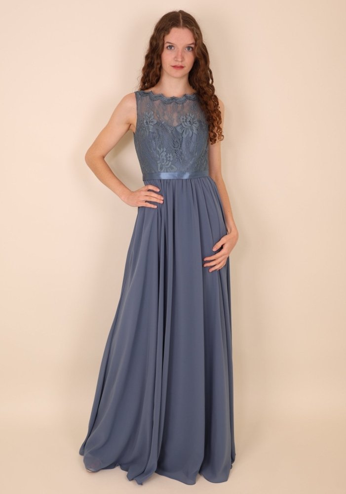 A - linien Abendkleid mit Spitze & amerikanischem Ausschnitt, graublau - Dein Kleiderladen