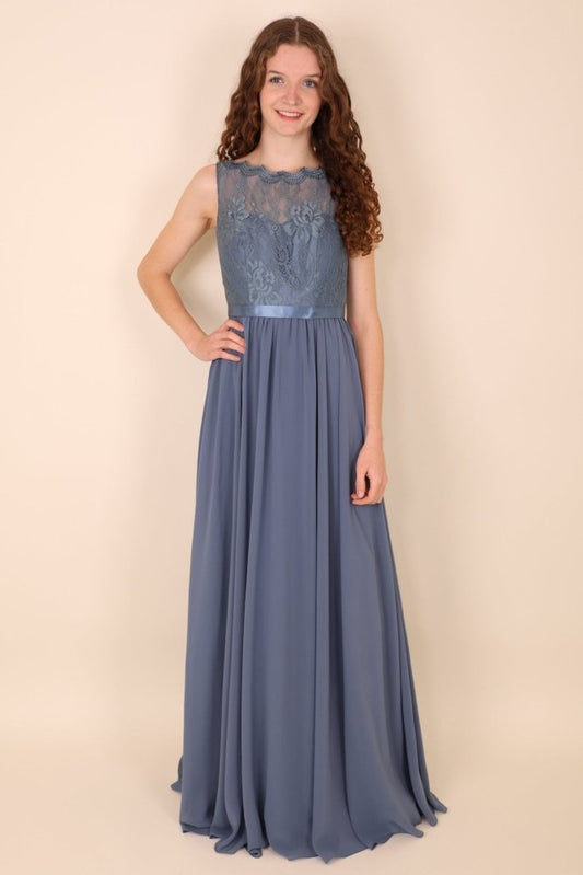 A - linien Abendkleid mit Spitze & amerikanischem Ausschnitt, graublau - Dein Kleiderladen