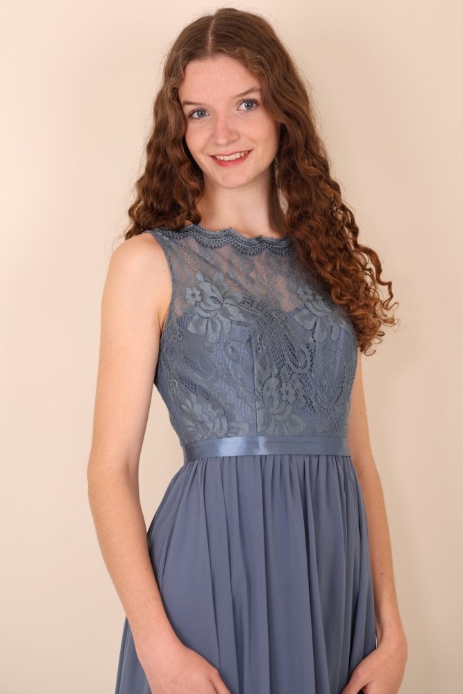 A - linien Abendkleid mit Spitze & amerikanischem Ausschnitt, graublau - Dein Kleiderladen
