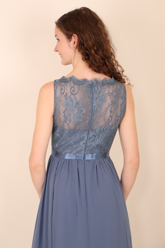 A - linien Abendkleid mit Spitze & amerikanischem Ausschnitt, graublau - Dein Kleiderladen