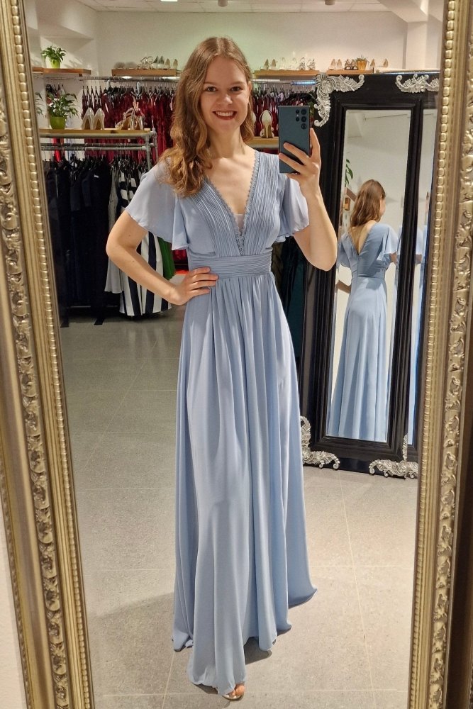 Abendkleid mit kurzen Ärmeln, V - Ausschnitt & Spitze, hellblau - Dein Kleiderladen