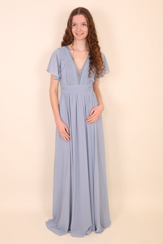 Abendkleid mit kurzen Ärmeln, V - Ausschnitt & Spitze, hellblau - Dein Kleiderladen