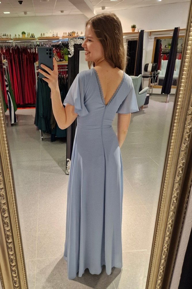 Abendkleid mit kurzen Ärmeln, V - Ausschnitt & Spitze, hellblau - Dein Kleiderladen