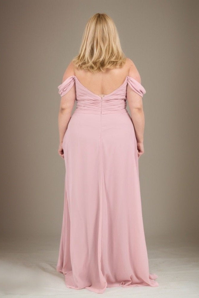 Abendkleid mit Raffungen und Carmen - Ausschnitt, rosa - Dein Kleiderladen