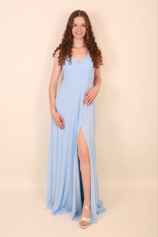 Abendkleid mit Raffungen und Schlitz, hellblau - Dein Kleiderladen