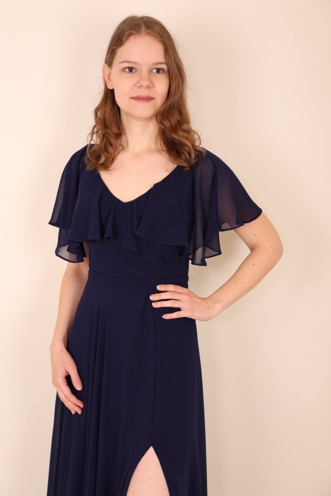 Abendkleid mit Raffungen und T-Shirt Ärmeln, dunkelblau - Dein Kleiderladen