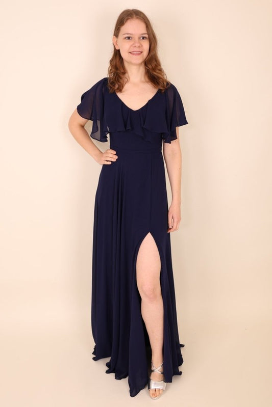 Abendkleid mit Raffungen und T-Shirt Ärmeln, dunkelblau - Dein Kleiderladen