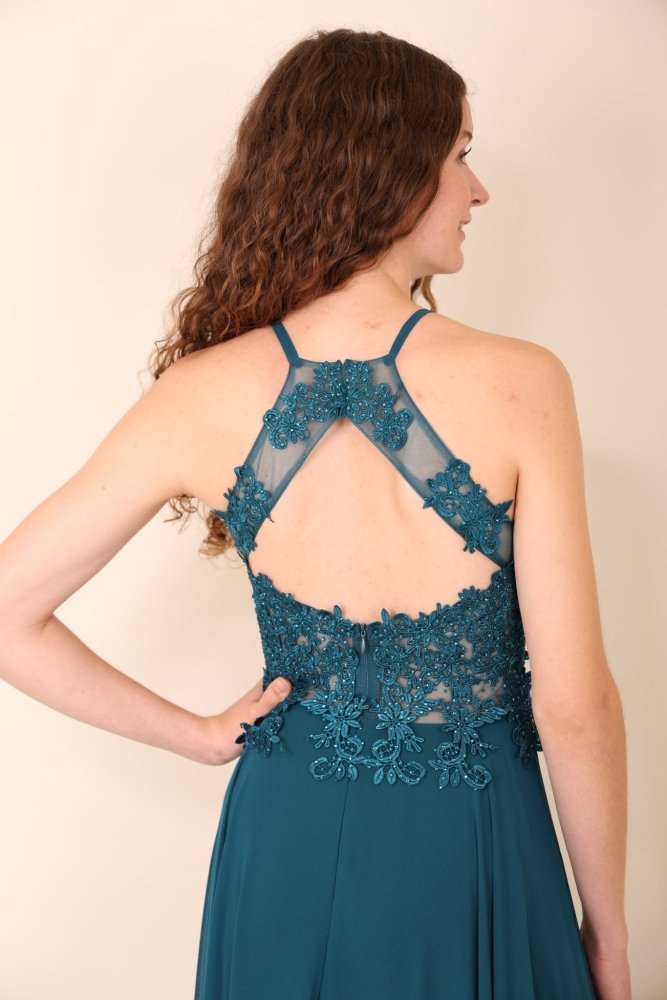 Abendkleid mit Rundhals - Ausschnitt, petrol - Dein Kleiderladen