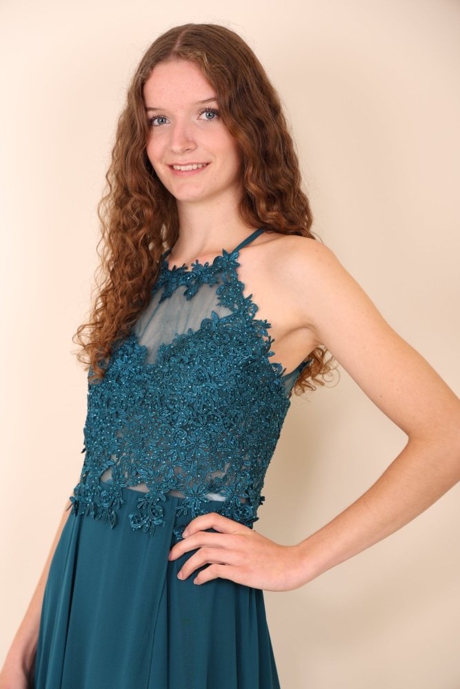 Abendkleid mit Rundhals - Ausschnitt, petrol - Dein Kleiderladen