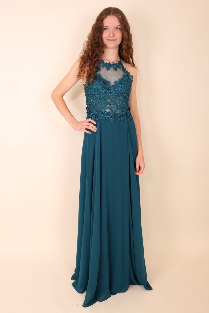 Abendkleid mit Rundhals - Ausschnitt, petrol - Dein Kleiderladen