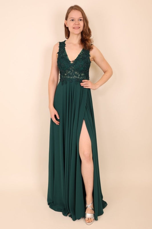 Abendkleid mit Rundrückenausschnitt, Spitze & Schlitz, dunkelgrün - Dein Kleiderladen