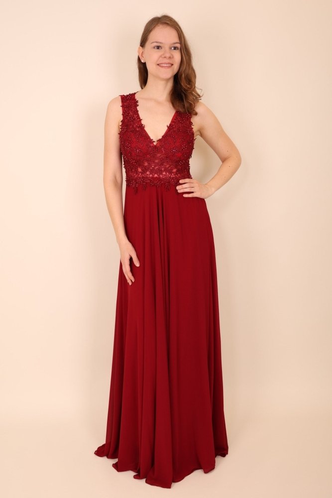 Abendkleid mit Rundrückenausschnitt, Spitze & Schlitz, dunkelrot - Dein Kleiderladen