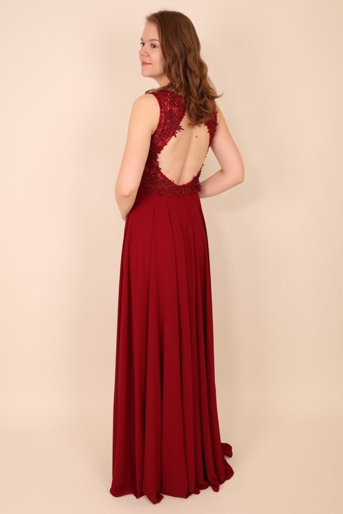 Abendkleid mit Rundrückenausschnitt, Spitze & Schlitz, dunkelrot - Dein Kleiderladen