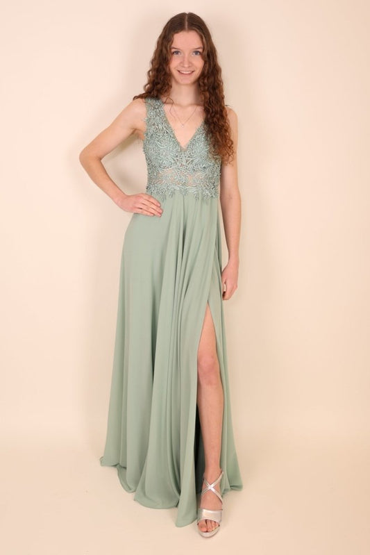 Abendkleid mit Rundrückenausschnitt, Spitze & Schlitz, mint - Dein Kleiderladen