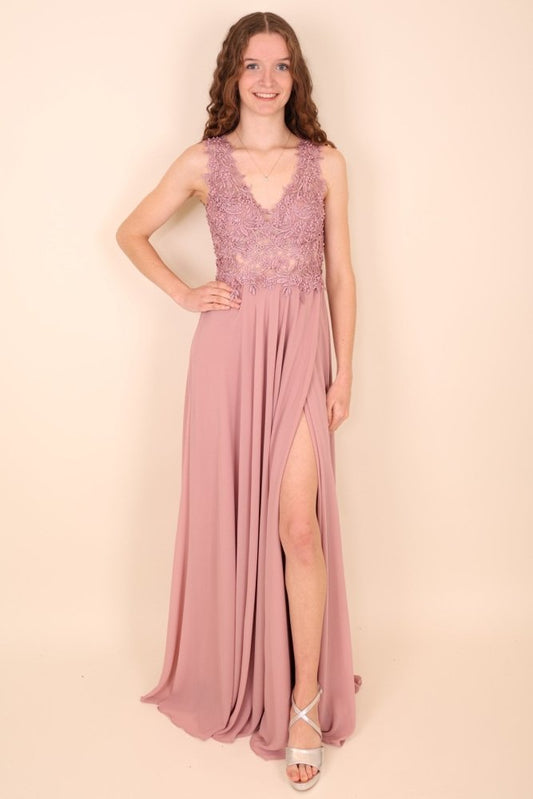 Abendkleid mit Rundrückenausschnitt, Spitze & Schlitz, rosa - Dein Kleiderladen