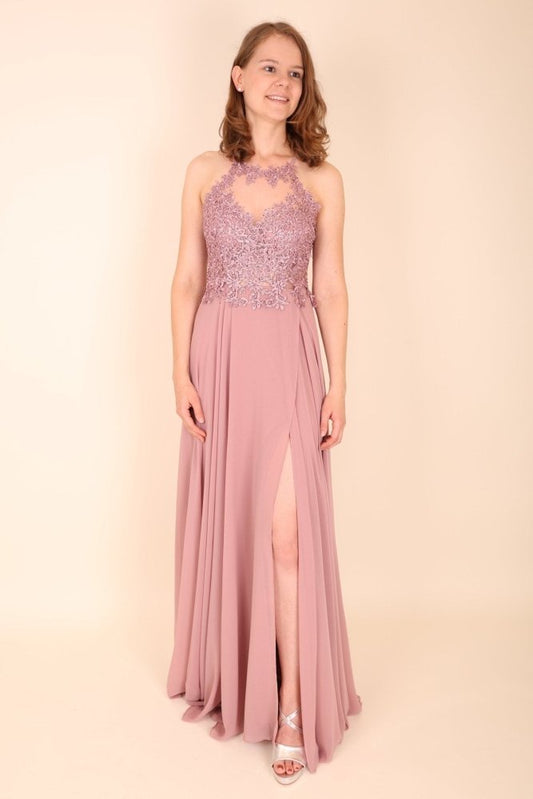 Abendkleid mit Spitzenoberteil, Neckholder & Schlitz, altrosa - Dein Kleiderladen