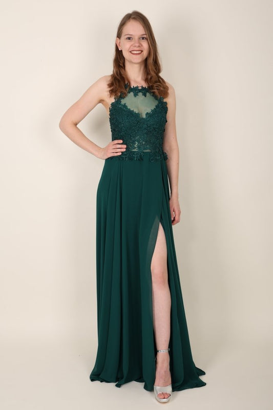 Abendkleid mit Spitzenoberteil, Neckholder & Schlitz, dunkelgrün - Dein Kleiderladen