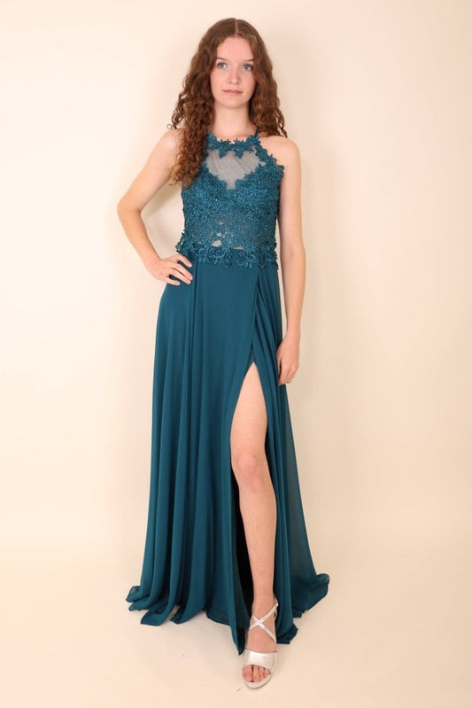 Abendkleid mit Spitzenoberteil, Neckholder & Schlitz, petrol - Dein Kleiderladen