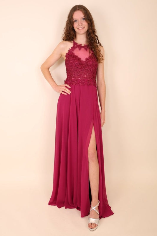 Abendkleid mit Spitzenoberteil, Neckholder & Schlitz, pink - Dein Kleiderladen