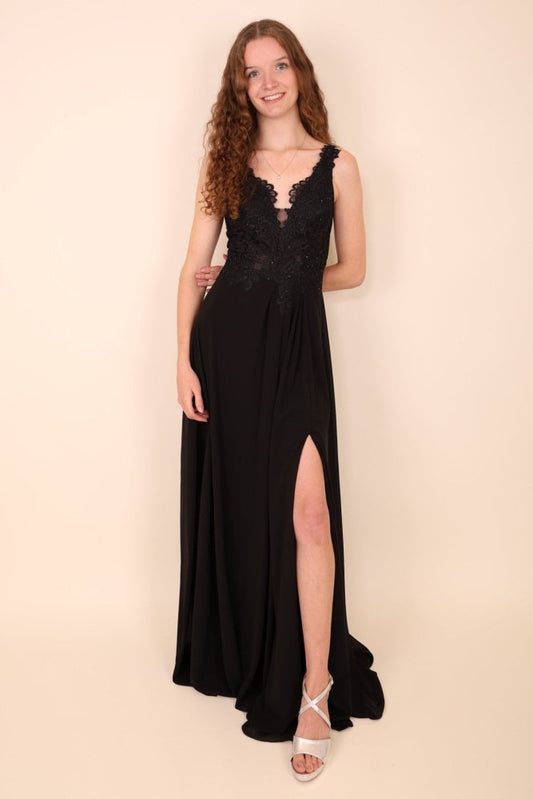 Abendkleid mit Spitzenoberteil, V-Ausschnitt & Schlitz, schwarz - Dein Kleiderladen