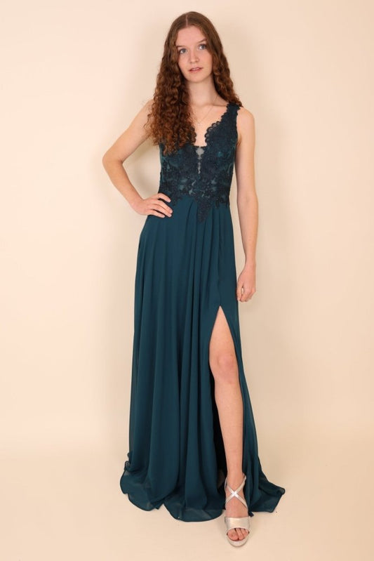 Abendkleid mit Spitzenoberteil, V - Ausschnitt & Schlitz, petrol - Dein Kleiderladen