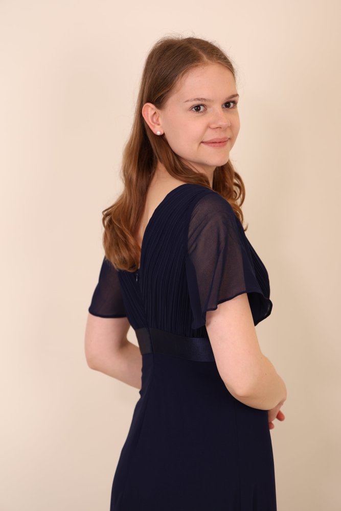 Abendkleid mit V - Ausschnitt, Flügelärmeln & Taillenband, dunkelblau - Dein Kleiderladen