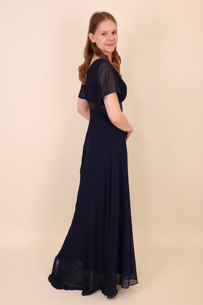 Abendkleid mit V - Ausschnitt, Flügelärmeln & Taillenband, dunkelblau - Dein Kleiderladen