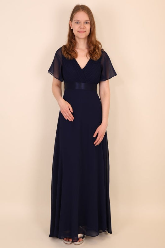 Abendkleid mit V - Ausschnitt, Flügelärmeln & Taillenband, dunkelblau - Dein Kleiderladen