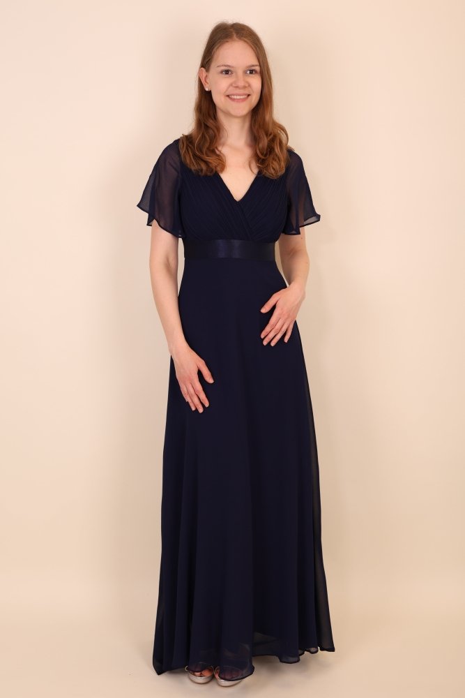 Abendkleid mit V - Ausschnitt, Flügelärmeln & Taillenband, dunkelblau - Dein Kleiderladen