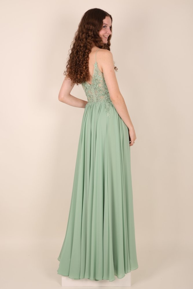 Ballkleid - Elegantes, langes Chiffonkleid mit feiner Spitze, hellgrün - Dein Kleiderladen