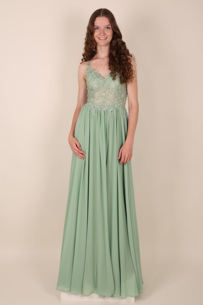 Ballkleid - Elegantes, langes Chiffonkleid mit feiner Spitze, hellgrün - Dein Kleiderladen