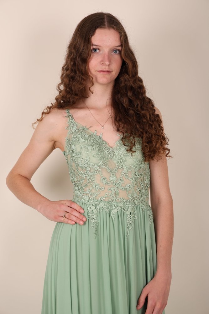 Ballkleid - Elegantes, langes Chiffonkleid mit feiner Spitze, hellgrün - Dein Kleiderladen