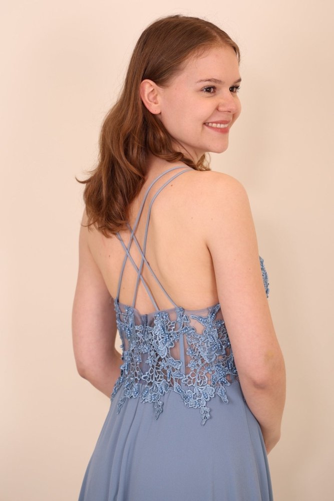 Ballkleid mit besticktem Korsett und Schlitz, graublau - Dein Kleiderladen