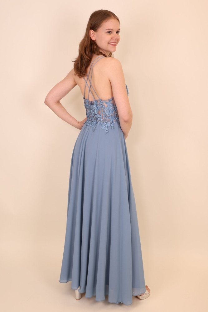 Ballkleid mit besticktem Korsett und Schlitz, graublau - Dein Kleiderladen