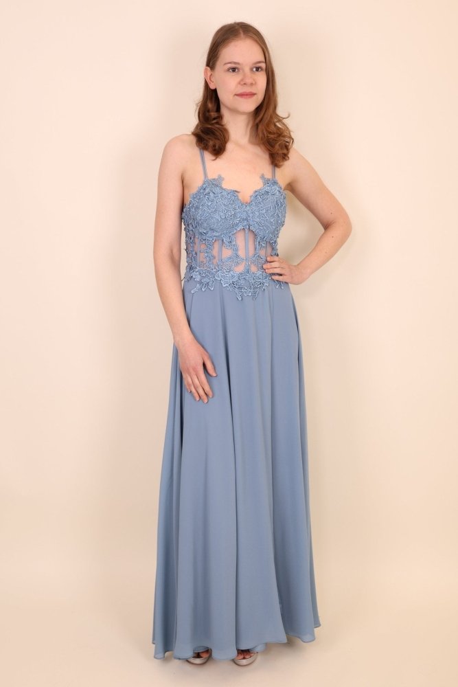 Ballkleid mit besticktem Korsett und Schlitz, graublau - Dein Kleiderladen