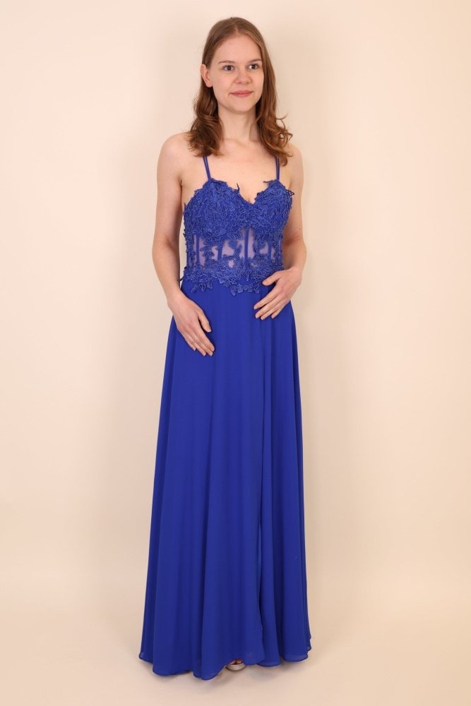 Ballkleid mit besticktem Korsett und Schlitz, königsblau - Dein Kleiderladen