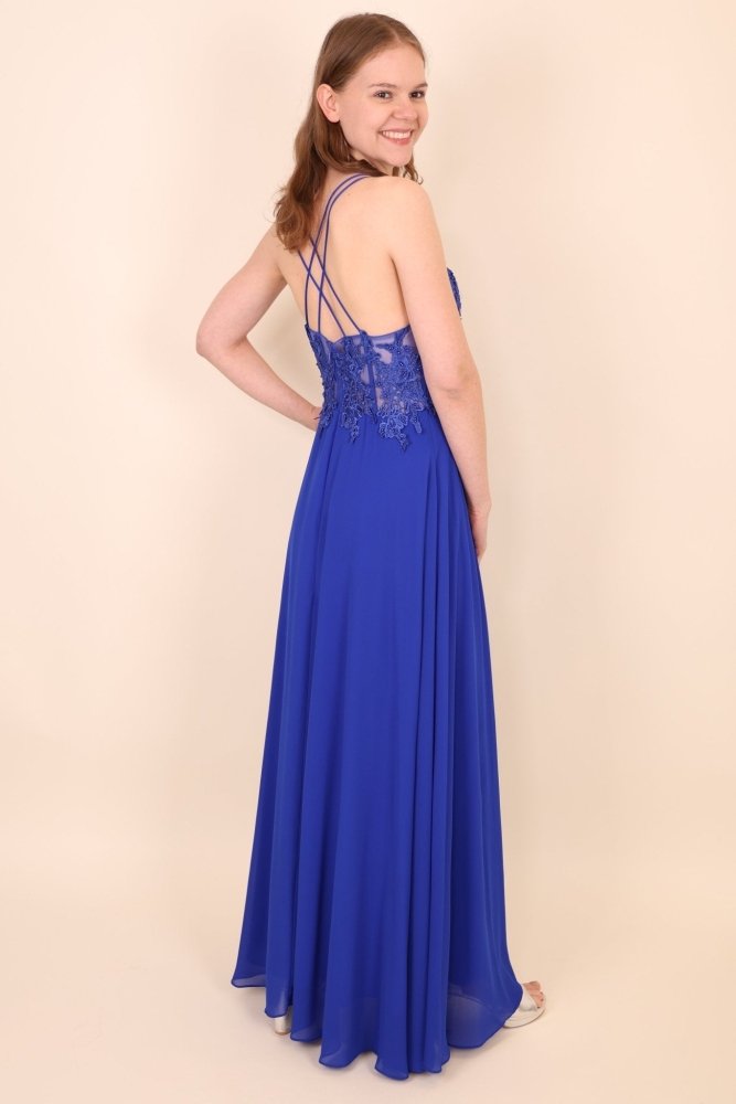 Ballkleid mit besticktem Korsett und Schlitz, königsblau - Dein Kleiderladen