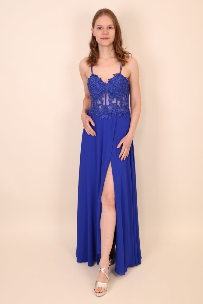 Ballkleid mit besticktem Korsett und Schlitz, königsblau - Dein Kleiderladen