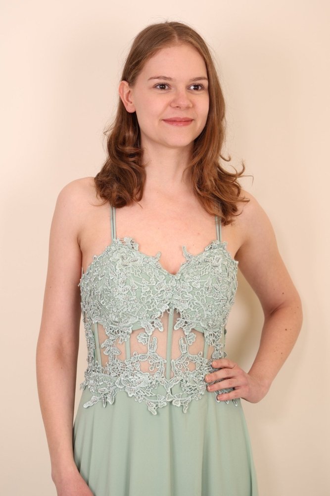 Ballkleid mit besticktem Korsett und Schlitz, mint - Dein Kleiderladen