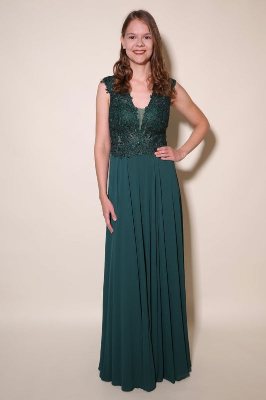 Ballkleid mit breiten Trägern und funkelnder Spitze, dunkelgrün - Dein Kleiderladen