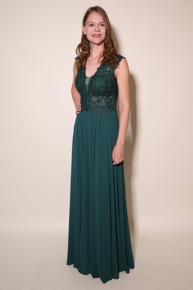 Ballkleid mit breiten Trägern und funkelnder Spitze, dunkelgrün - Dein Kleiderladen