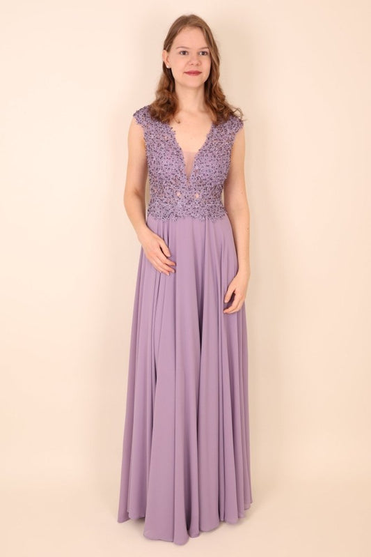 Ballkleid mit breiten Trägern und funkelnder Spitze, flieder - Dein Kleiderladen